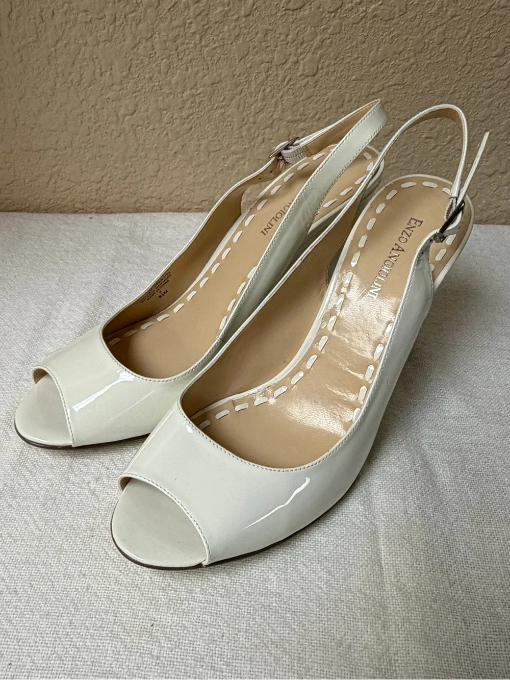 4/$20 Enzo Angiolini White Patent Open-Toe Slingback Heels